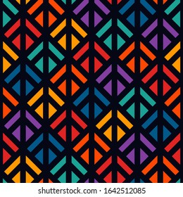 Linocut style geometric seamless pattern. Minimal geo suface print. Repeated triangles, geometrical shapes motif background. Classic simple ornament. Vector abstract digital paper