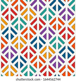 Linocut style geometric seamless pattern. Minimal geo suface print. Repeated triangles, geometrical shapes motif background. Classic simple ornament. Vector abstract digital paper