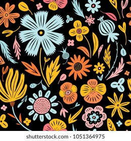 Linocut style hand drawn meadow flowers - seamless pattern. Wildflowers in modern cutout style isolated on background, vector illustration for textile, wallpaper.