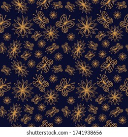 Linocut style hand drawn meadow flowers - seamless pattern. Wildflowers in modern cutout style isolated on background, vector illustration for textile, wallpaper.