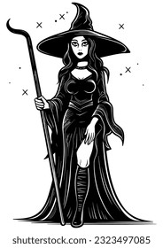 Linocut style illustration of black and white young pretty witch.