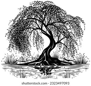 Linocut style illustration of black and white willow tree.