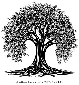 Linocut style illustration of black and white willow tree.