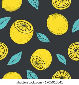 Linocut style lemon seamless pattern. Juicy yellow citrus fruit backdrop. Hand drawn natural textures background. Green leaves dots texture. Sketch art summer fresh illustration.
