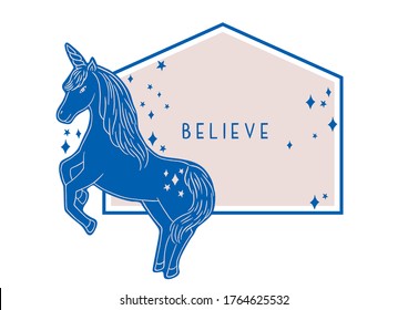 Linocut style magical unicorn vector illustration. Inspirational card. Ready to use design template.