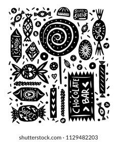 Linocut style sweets and candy illustrations, isolated on white background. Trendy hand drawn design for book, recipe, packaging.  