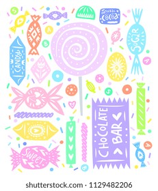 Linocut style sweets and candy illustrations, isolated on white background. Trendy hand drawn design for book, recipe, packaging.  
