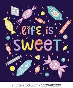 Linocut style sweets and candy illustrations, isolated on white background. Trendy hand drawn design for book, recipe, packaging.  