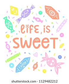 Linocut style sweets and candy illustrations, isolated on white background. Trendy hand drawn design for book, recipe, packaging.  