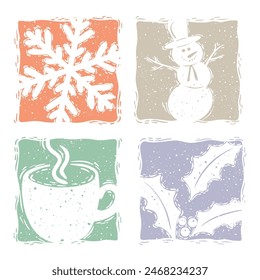 Linocut Style Winter Elements Vector Graphic Illustration Design