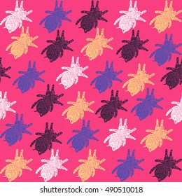 Linocut Tarantula background. Vector Illustrated Tarantula spiders seamless pattern.