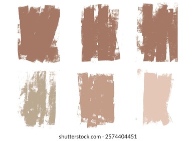 Linocut texture. Ink rolled spots. Grunge letterpress rectangles. Dry brown brayer striped overlay lines isolated on white background. Painted stains set. Vector lino mocha mousse abstract stamps.