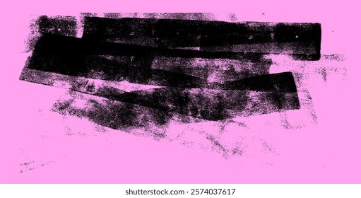 Linocut texture. Ink roller background. Grunge letterpress rectangles. Dry black brayer striped lines on pink background. Urban painted relief stains. Vector lino eroded abstract illustration.