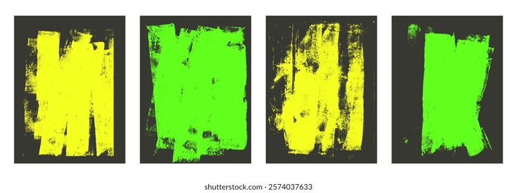 Linocut texture. Ink roller background. Grunge letterpress rectangles. Dry neon yellow and green brayer striped lines on dark background. Painted relief stains. Vector lino eroded illustration.