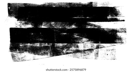 Linocut texture. Ink roller background. Grunge letterpress rectangles. Dry black brayer striped lines isolated on white background. Painted relief stains. Vector lino eroded abstract illustration.