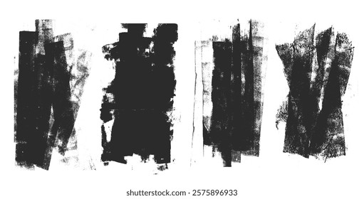 Linocut texture. Ink roller background. Grunge letterpress rectangles. Dry black brayer striped lines isolated on white background. Painted relief stains set. Vector lino eroded abstract illustration.