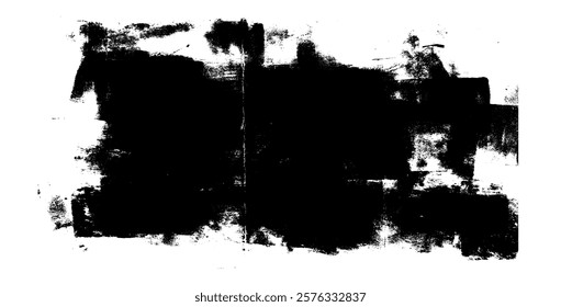 Linocut texture. Ink roller background. Grunge letterpress rectangle on folded paper. Dry black brayer stain isolated on white background. Painted relief spot. Vector lino eroded abstract illustration