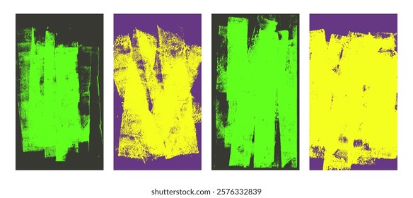 Linocut texture. Ink roller background. Grunge letterpress rectangles. Dry neon yellow and green brayer striped lines on dark background. Painted relief stains. Vector lino eroded illustration.