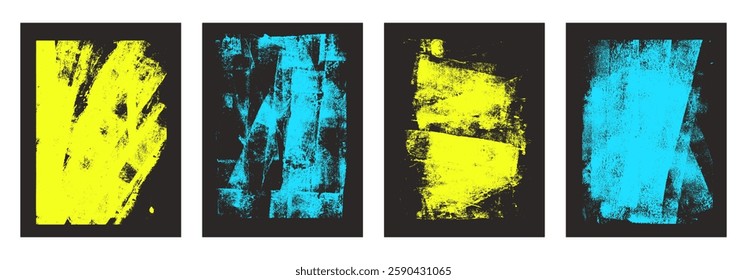 Linocut texture. Ink roller background. Grunge letterpress rectangles. Dry neon yellow and blue brayer striped lines on dark background. Painted relief stains. Vector lino eroded illustration.