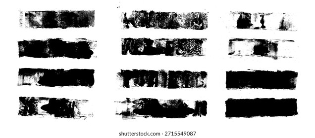 Linocut texture lines. Ink roller long stripes background. Grunge letterpress rectangles. Dry black brayer stroke isolated on white background. Painted relief stain. Vector lino illustration isolated.