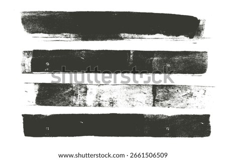 Linocut texture lines. Ink roller long stripes background. Grunge letterpress rectangles. Dry black brayer stroke isolated on white background. Painted relief stains. Vector lino abstract illustration