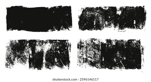 Linocut textures set. Ink roller background. Grunge vintage rectangles. Dry black brayer striped lines isolated on white background. Painted relief stains. Vector lino eroded abstract wide callout.