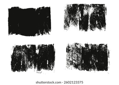 Linocut textures set. Ink roller background. Grunge charcoal vintage rectangles. Dry black brayer stains isolated on white background. Painted relief text boxes. Vector eroded abstract wide callout.