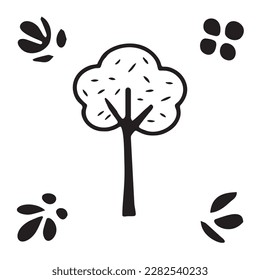 Linocut tree design elements in vector scandi style. Black and white forest symbol. 