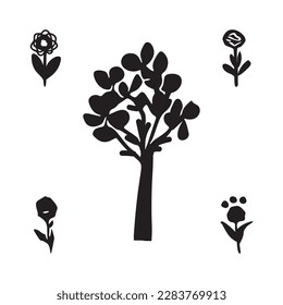 Linocut tree design elements in vector scandi style. Black and white forest symbol. 