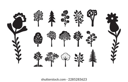 Elementos de diseño de árbol de Linocut en el conjunto de estilos de escándalo vectorial. Grupo de símbolos de bosque blanco y negro. 