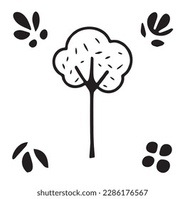 Linocut tree design elements in vector scandi style. Black and white forest symbol. 