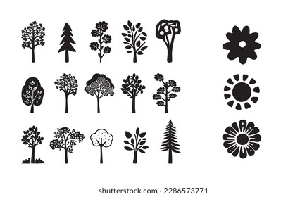 Elementos de diseño de árbol de Linocut en el conjunto de estilos de escándalo vectorial. Grupo de símbolos de bosque blanco y negro. 