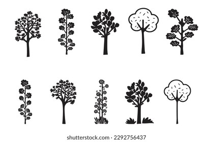 Linocut tree design elements in vector scandi style set. Black and white forest symbol group. 