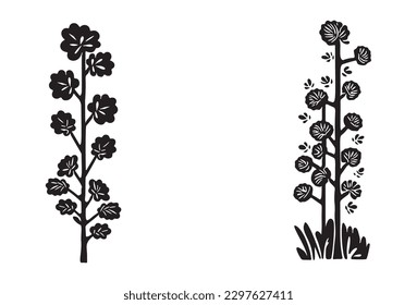 Linocut tree design elements in vector scandi style. Black and white forest symbol. 