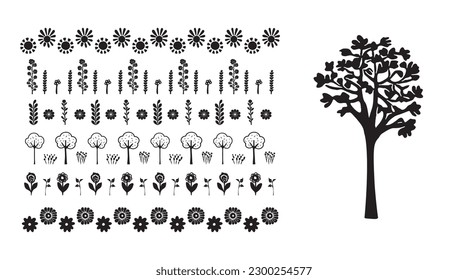 Elementos de diseño de árbol de Linocut en el conjunto de estilos de escándalo vectorial. Grupo de símbolos de bosque blanco y negro. 