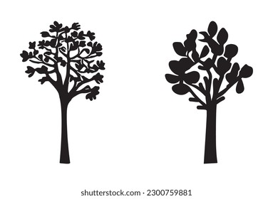 Linocut tree design elements in vector scandi style set. Black and white forest symbol group. 