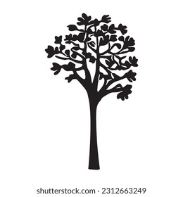 Linocut tree design elements in vector scandi style. Black and white forest symbol. 