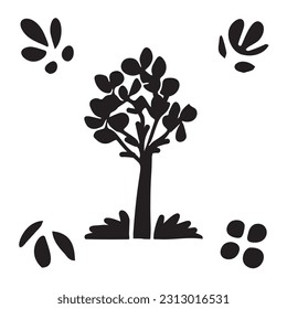 Linocut tree design elements in vector scandi style. Black and white forest symbol. 