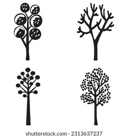 Linocut tree design elements in vector scandi style set. Black and white forest symbol group. 