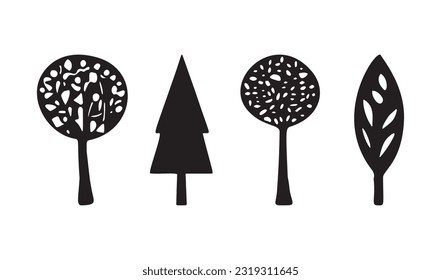 Linocut tree design elements in vector scandi style set. Black and white forest symbol group. 
