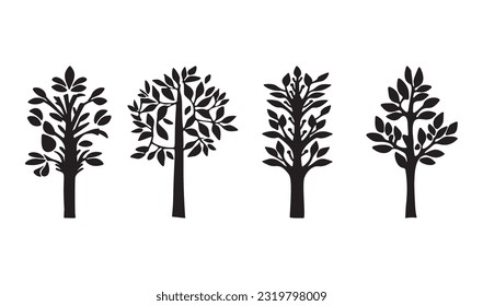 Linocut tree design elements in vector scandi style set. Black and white forest symbol group. 