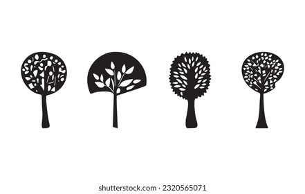 Linocut tree design elements in vector scandi style set. Black and white forest symbol group. 