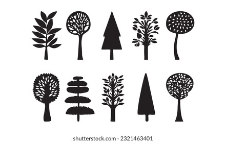 Linocut tree design elements in vector scandi style set. Black and white forest symbol group. 