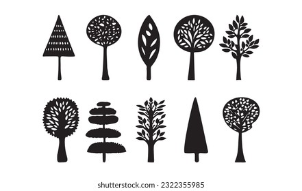 Linocut tree design elements in vector scandi style set. Black and white forest symbol group. 