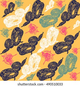 Linocut tropical Boa Constrictor snake background. Vector Illustrated tropical Boa Constrictor snake seamless pattern.