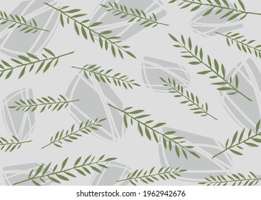 Linocut vector branches on a gray background. Gray background with linocut green floral elements. Lino print floral ornament.
