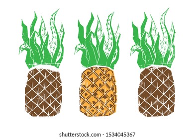 Linocut Vector Illustration. Craft logo with pineapple with octopus tentacles instead of tops. T-shirt print with a tropical fruit