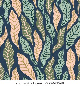 Linocut vector leaves on dark background. Seamless vector leaves linocut grunge pattern. Linocut vector seamless print. Great for label, print, packaging, fabric.
