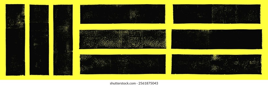 Linocut vector relief printing long rectangle shapes, wide stripes rough black textures collection. Artistic textured backgrounds set. Paint roller stains, lino ink grungy geometric text box templates