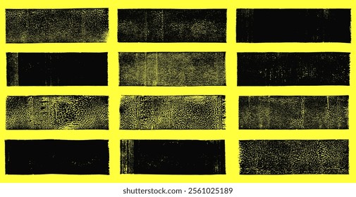 Linocut vector relief printing rectangle shapes, wide stripes rough textures collection. Artistic linocutting textured backgrounds set. Paint roller stains, lino ink grungy geometric text box template